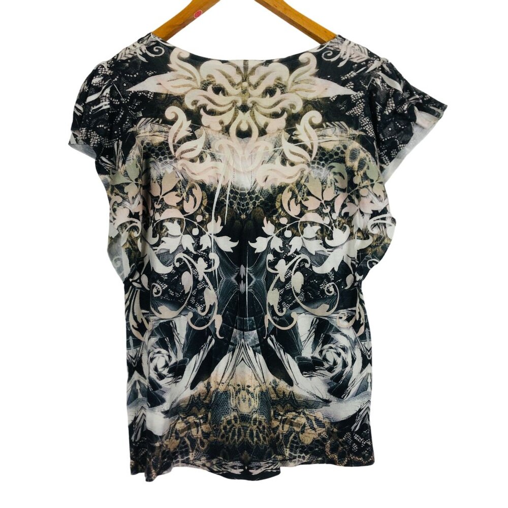One World Womens Flutter Sleeve Top Sz Large Floral Pattern Embellished - Picture 7 of 11